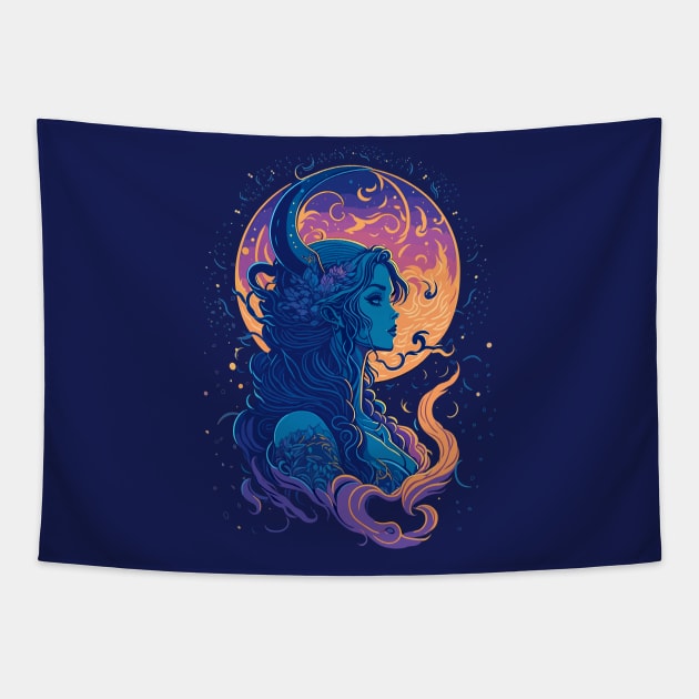 Moon Goddness Full Moon Witchy Celestial Aesthetic Tapestry by Irene Koh Studio