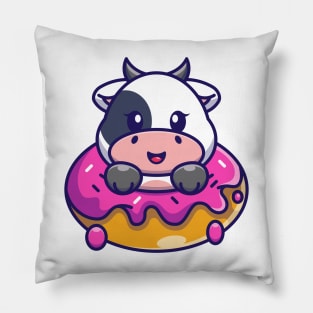 Cute baby cow with doughnut cartoon Pillow