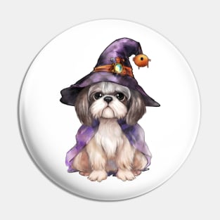 Watercolor Shih Tzu Dog in Witch Hat Pin