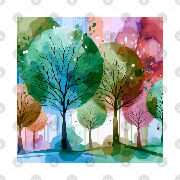 Colorful Pastel Pink Brown Abstract Trees by Siha Arts