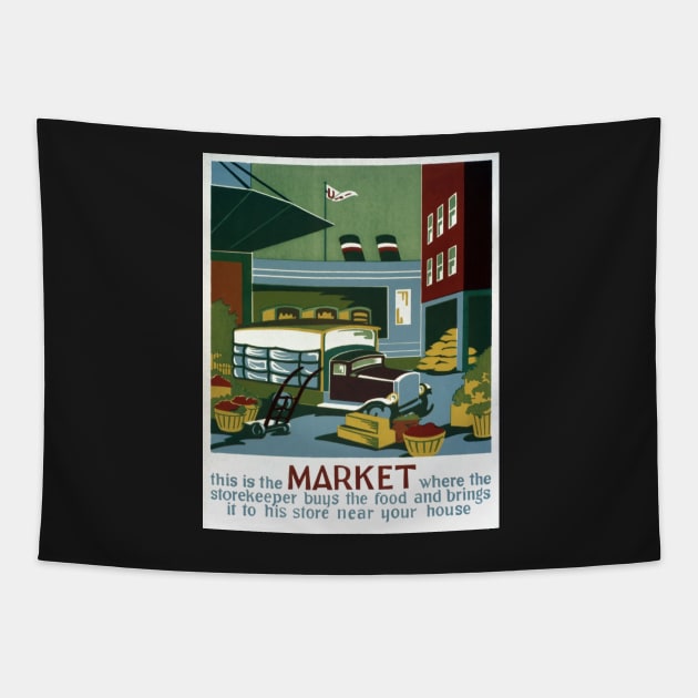 Digitally restored Market Grocery Vintage Poster Print Tapestry by vintageposterco