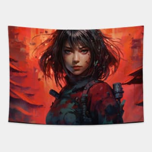 Cyberpunk Female Samurai In Front Of A Temple Tapestry