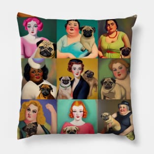 Retro Style Women & Pugs Pillow