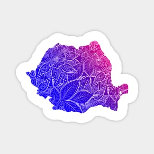 Colorful mandala art map of Romania with text in blue and violet Magnet