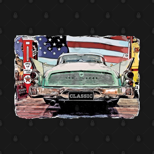 Cartoon Classic Old American Car with American Flag by Custom Autos