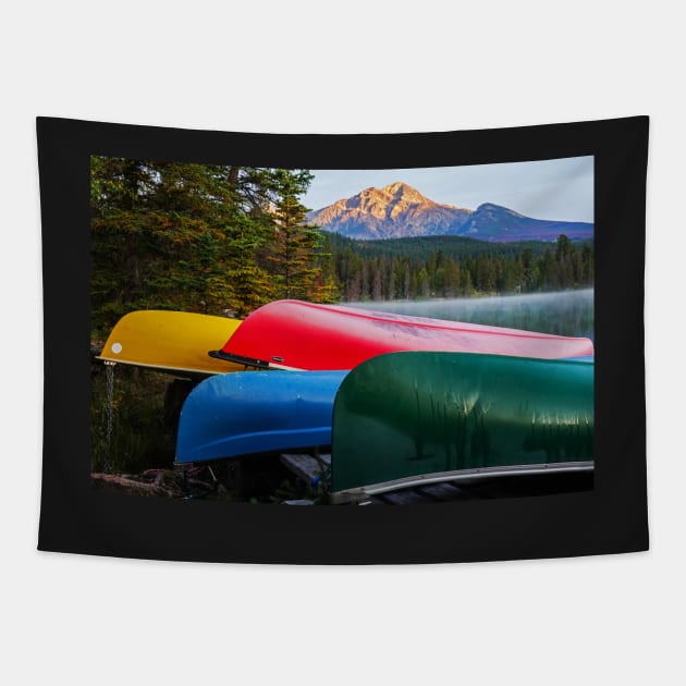 Canoes on Cavell Lake Jasper National Park Alberta Canada Pyramid Mountain Tapestry by WayneOxfordPh