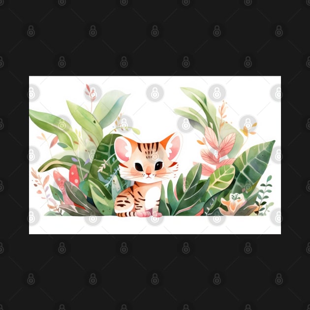 Whimsical Jungle Cat Watercolor Illustration by A Badger