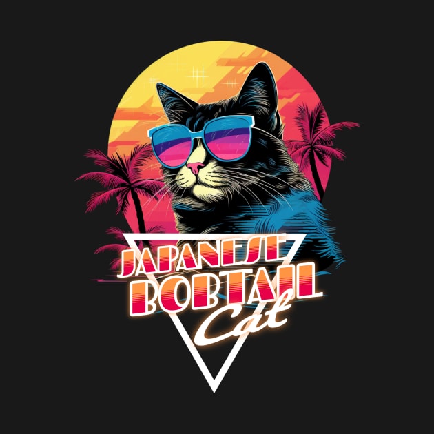 Retro Wave Japanese Bobtail Cat Miami Shirt by Miami Neon Designs