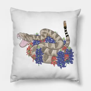 western diamondback rattlesnake in Texas bluebonnets and Indian paintbrush flowers design Pillow