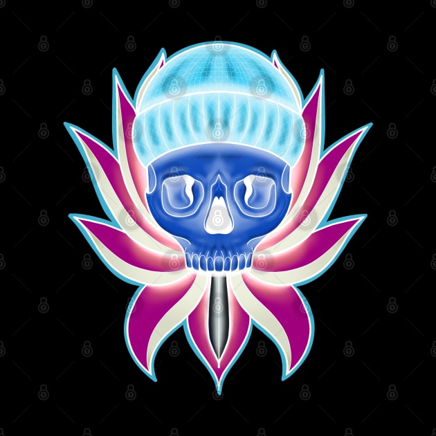 Blue and Pink Neon Skull with Hat in Lotus flower T-Shirt by Print Art Station