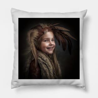 A Young Smiling Child Wearing a Feathered Headdress Pillow