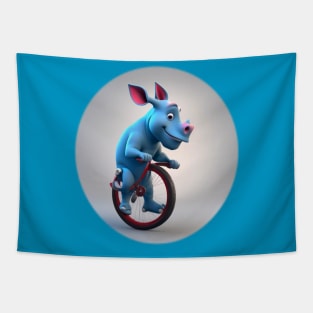 Blue baby rhino unicycling Tapestry