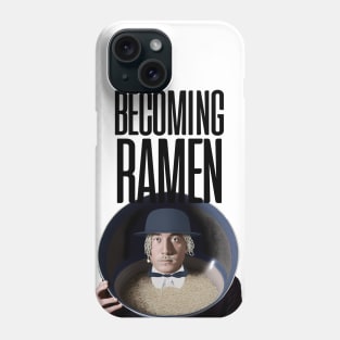 Becoming Ramen No. 3 -- an Asian man wearing a stylish Bowler hat with ramen hair inside a bowl of ramen with the words "Becoming Ramen" above Phone Case