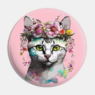Floral Portrait of a Silver Tabby Cat Pin