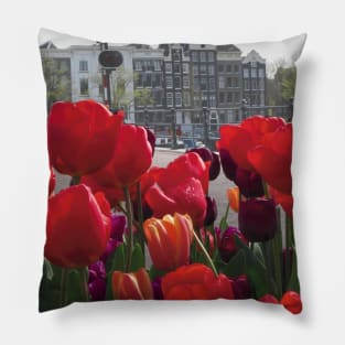 Tulip Flower on Amsterdam city landscape Pillow