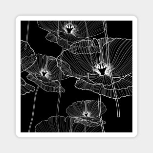 Black and white poppy/poppy lines/poppy flowers/wild flowers/large scale/cotton/white lines flowers/white background Magnet