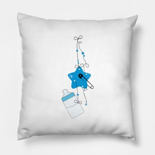 Hanging blue baby bottle, safety pin, star baby arrival Pillow