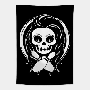 Female Bowler Skull and Bowling Pins White Logo Tapestry