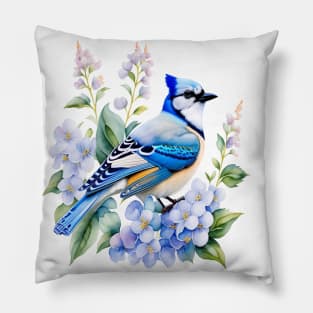 Watercolor Blue Jay and Blue Hydrangeas Pillow