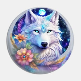 Mystical Wolf with Flowers, Full Moon, Colorful Pin