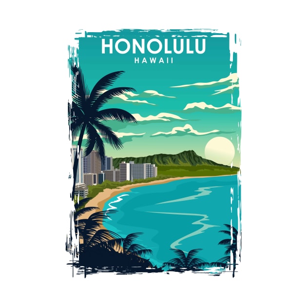 Honolulu Hawaii Vintage Minimal City Travel Poster by jornvanhezik