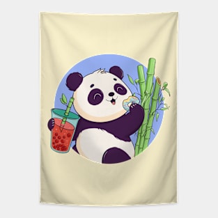 The cute panda enjoys bubble tea and a donut among bamboo trees Tapestry