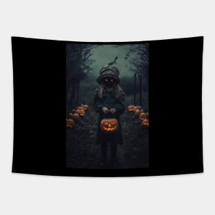 cursed girl with scary eyes and pumpkin, halloween design Tapestry