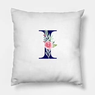 Watercolor Floral Letter I in Navy Pillow