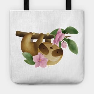 Cute Sloth hanging with orchid flowers Tote