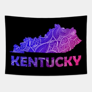 Colorful mandala art map of Kentucky with text in blue and violet Tapestry