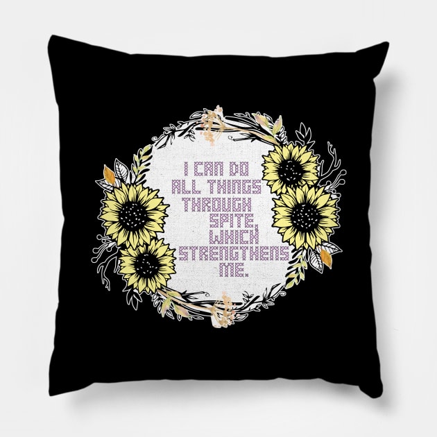 Sunflower Cross Stitch I Can Do All Things Through Spite, Which Strengthens Me Pillow by aaallsmiles