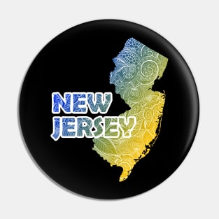 Colorful mandala art map of New Jersey with text in blue and yellow Pin