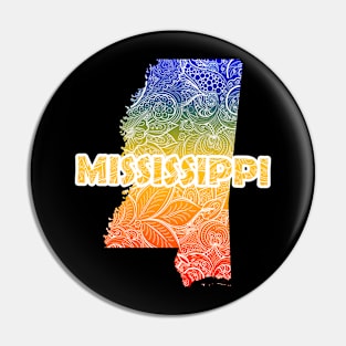 Colorful mandala art map of Mississippi with text in blue, yellow, and red Pin