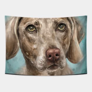 Painting of a n Adorable Grey Brown Weimaraner Dog on Blue Background Tapestry