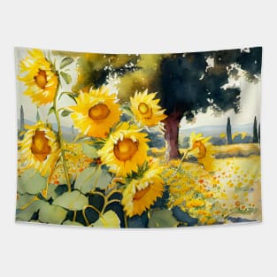 Watercolor Field of Sunflowers on a Sunny Day Tapestry