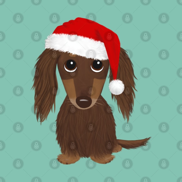 Longhaired Chocolate Dachshund with Santa Hat Cute Dog Christmas by Coffee Squirrel