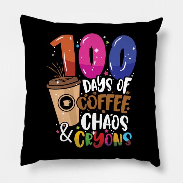 100 Days of Coffee Chaos & Crayons - 100 Days School Teacher Pillow by Graphic Duster