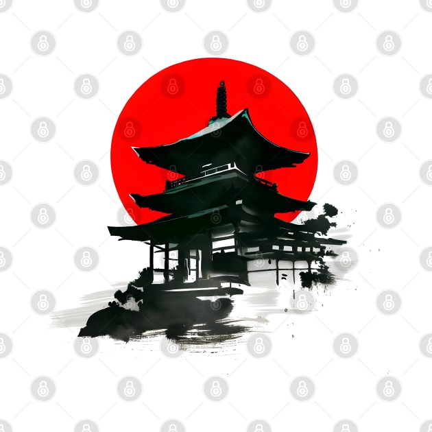 Japanese Temple With Red Circle Sumi e Ink Art by Ravenglow