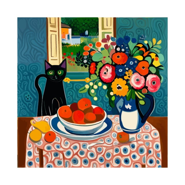 Black Cat with Flowers in a White Vase Still Life Painting by bragova