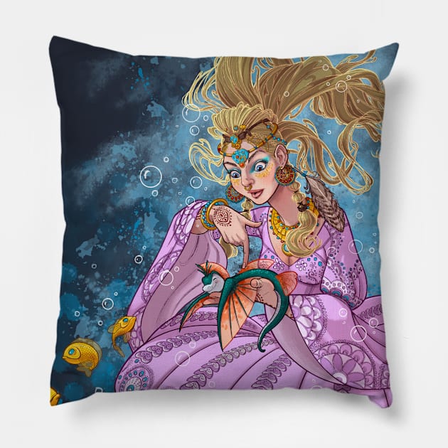 Mili Fay’s Jellyfish, Hippie, Inquisitive Mermaid Pillow by Mili Fay Art