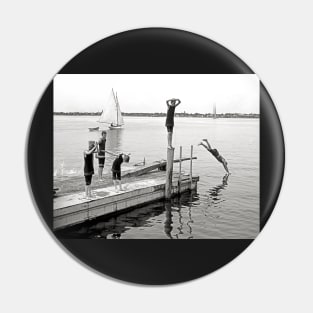 Boys Diving Off a Pier, 1904 Vintage Photo Pin