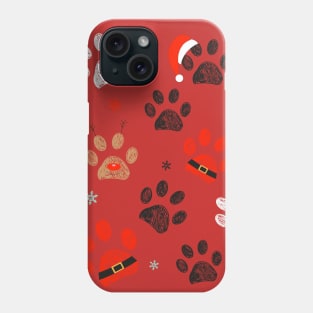 Paw prints with Santa Claus, deer and red hat Phone Case