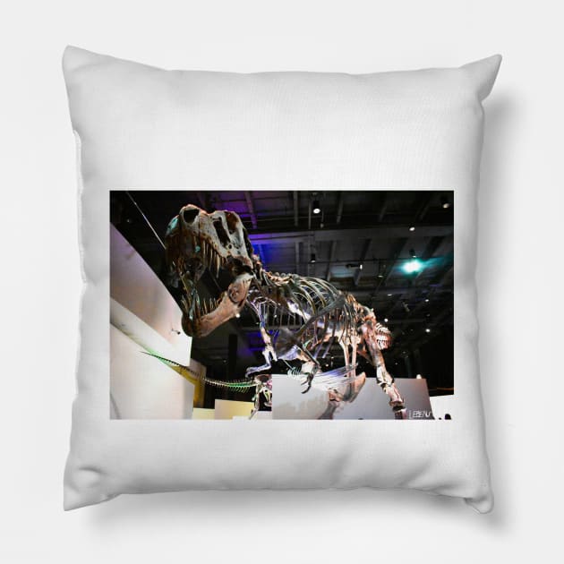 the t rex dinosaur fossil in museum portrait ecopop photo art Pillow by jorge_lebeau