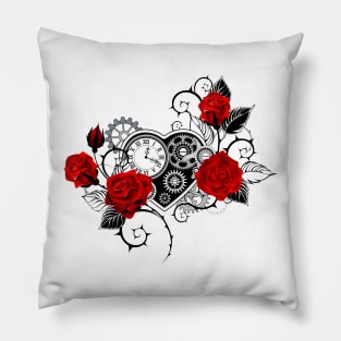 Mechanical Heart with Red Roses Pillow