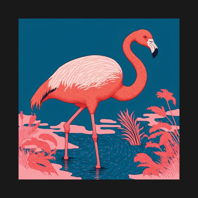 Flamingo in a Lake in bold Pink and Blue by Geminiartstudio