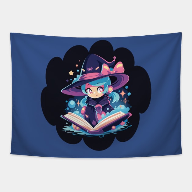 Baby Witch Aquarius Zodiac Sign Reading Spell Book Chibi Style Tapestry by The Little Store Of Magic