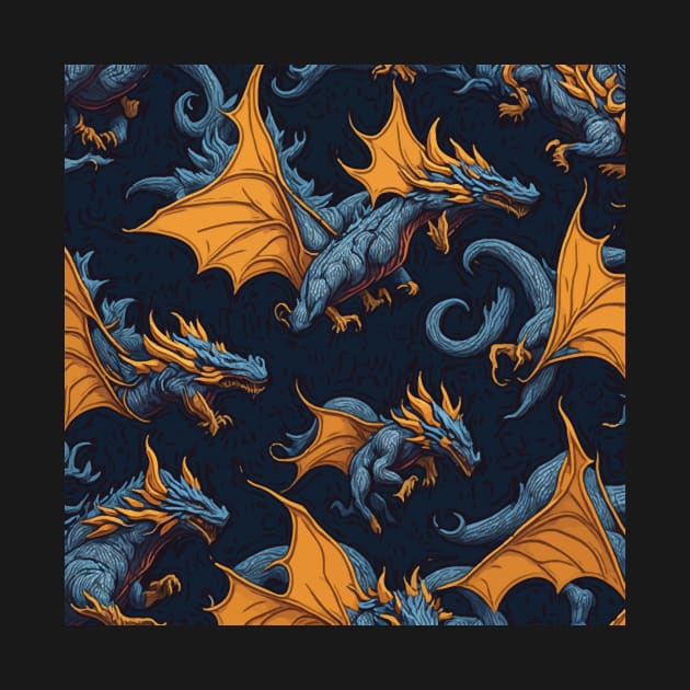 Blue And Orange Flying Dragons Tileable Seamless Pattern Design by LuckDragonGifts