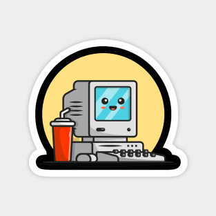 Cute Old Computer Desktop with Coffee Cartoon Vector Icon Illustration Magnet