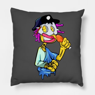 Dope Slluks character mask man eating a chicken leg illustration Pillow