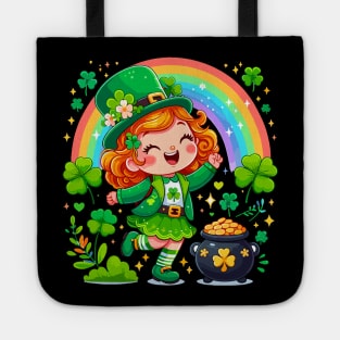 A cute Irish Lassie dancing an Irish jig celebrates St Patrick's Day with a rainbow a pot of gold and shamrocks Irish Pride Irish American four leaf clovers Tote